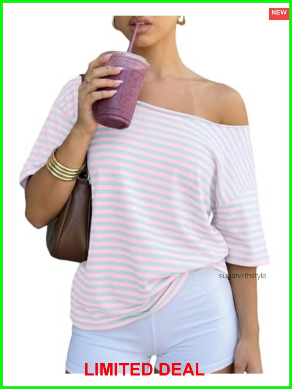 Oversized Off Shoulder Striped Cotton Tee Y2K Aesthetic Short Sleeve T-Shirt